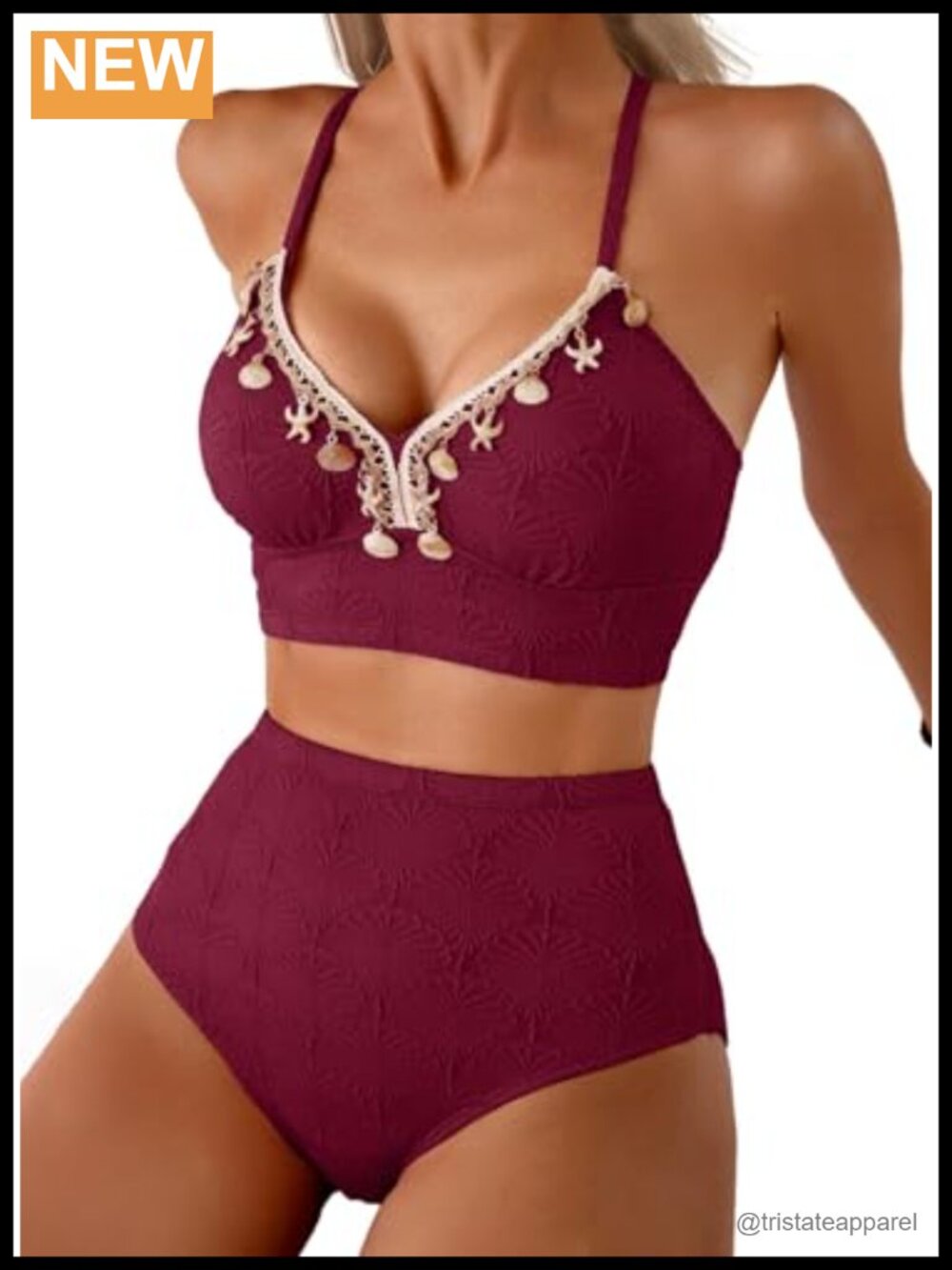 Seashell Textured Bikini Set High Waisted V Neck Swimwear